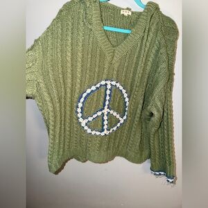 POL Olive V-Neck Sweater with Peace Sign
